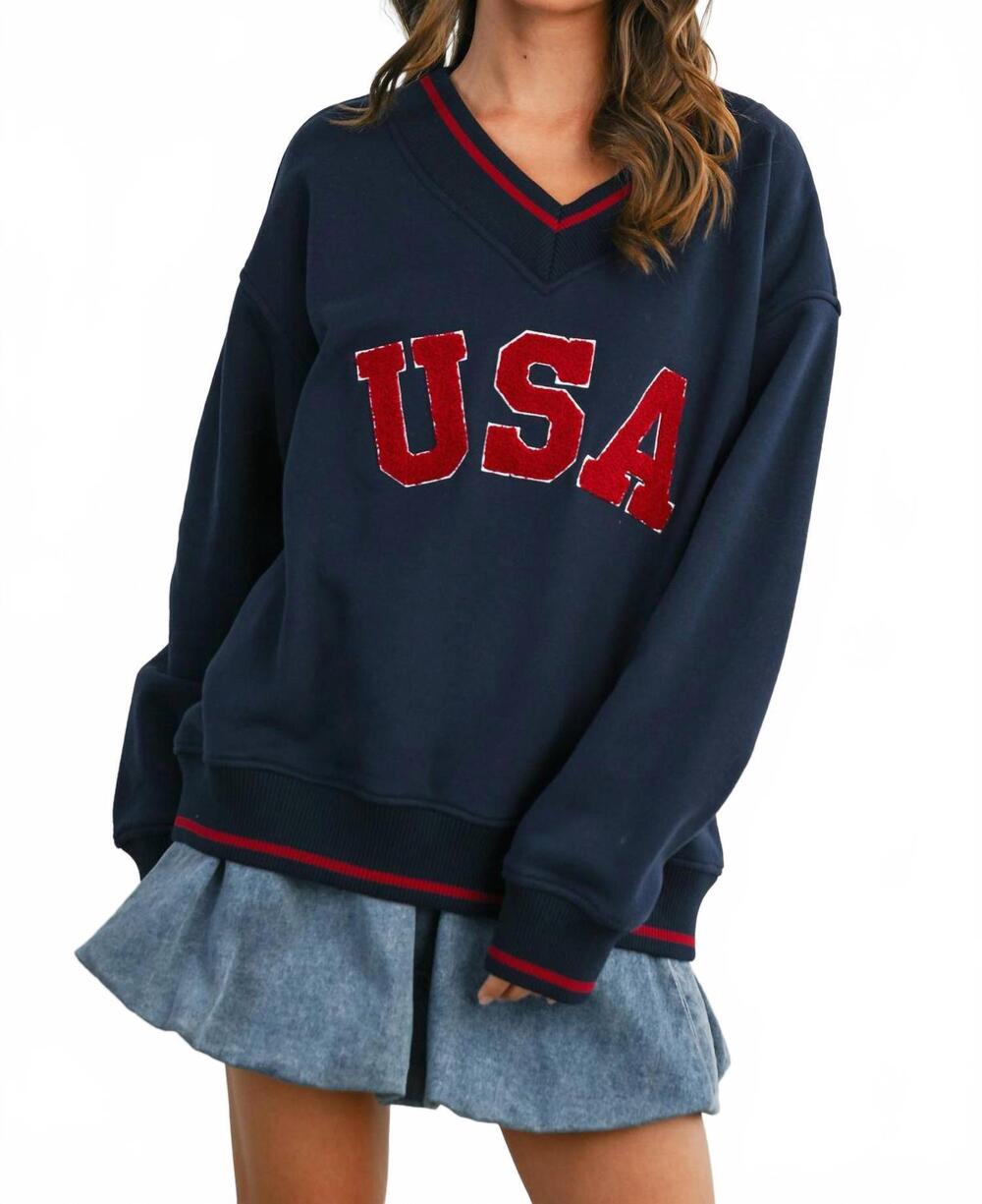 NEW GOLDEN pepper crew neck graphic long sleeve top in navy multi